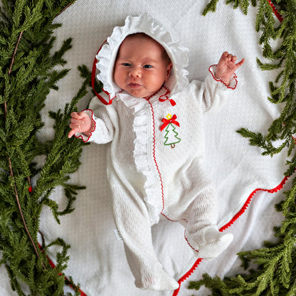 PatyKnit™ Eyelet Footie with Christmas Tree Embroidery