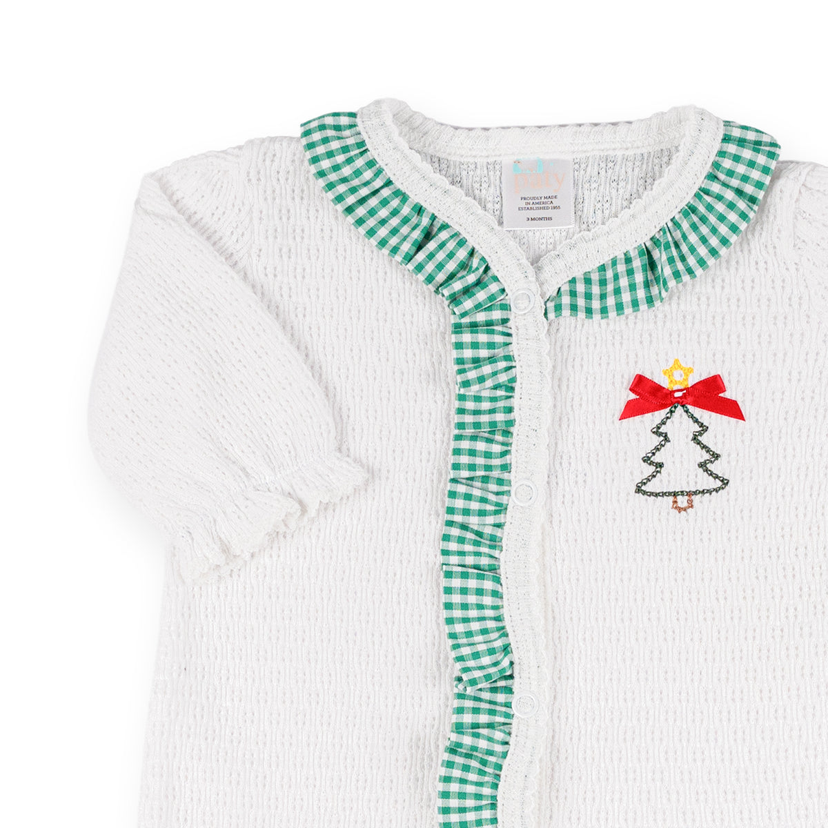 PatyKnit™ Footie with Gingham Ruffle and Christmas Tree Embroidery