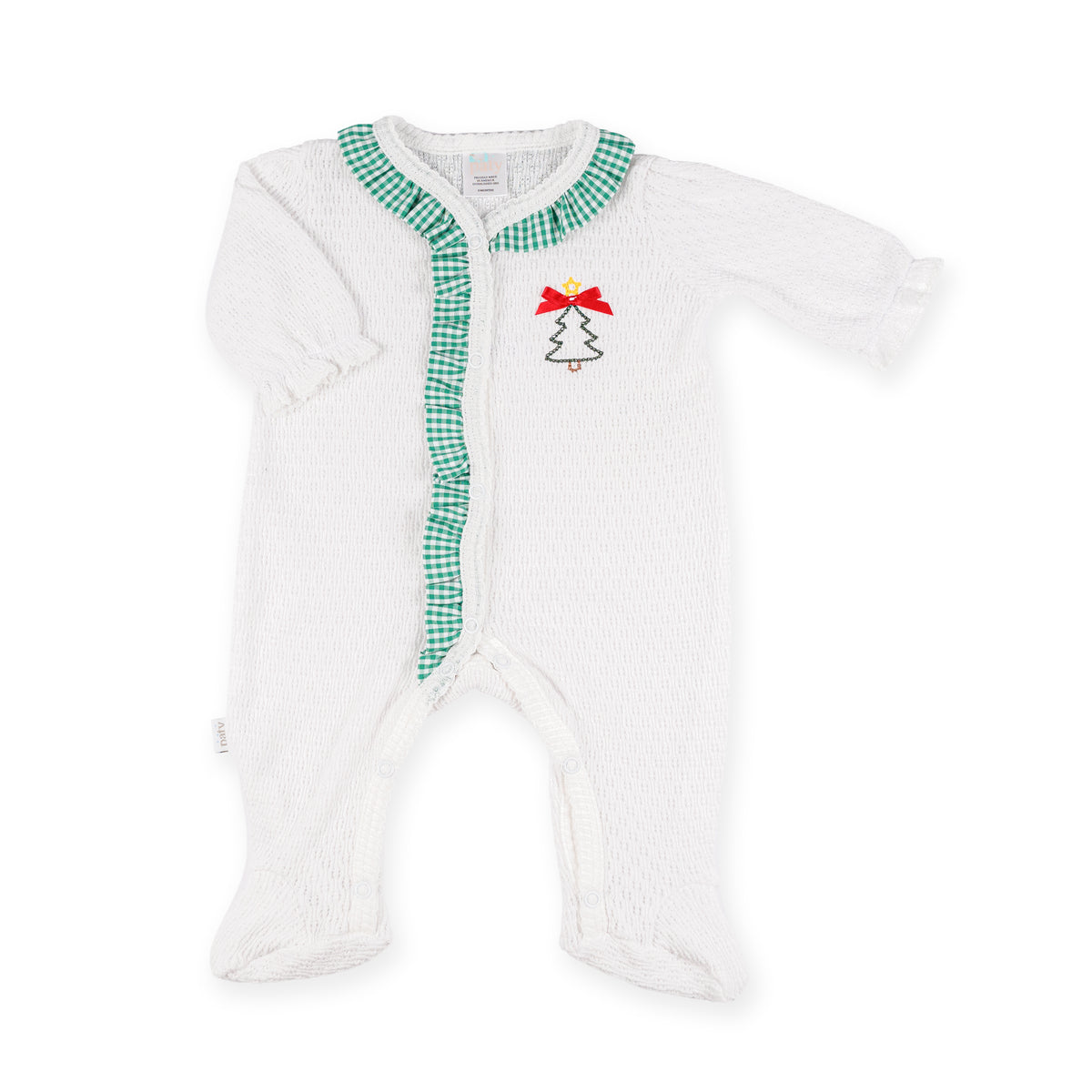 PatyKnit™ Footie with Gingham Ruffle and Christmas Tree Embroidery