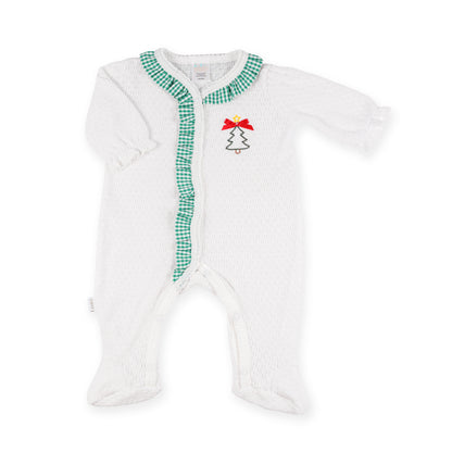 PatyKnit™ Footie with Gingham Ruffle and Christmas Tree Embroidery