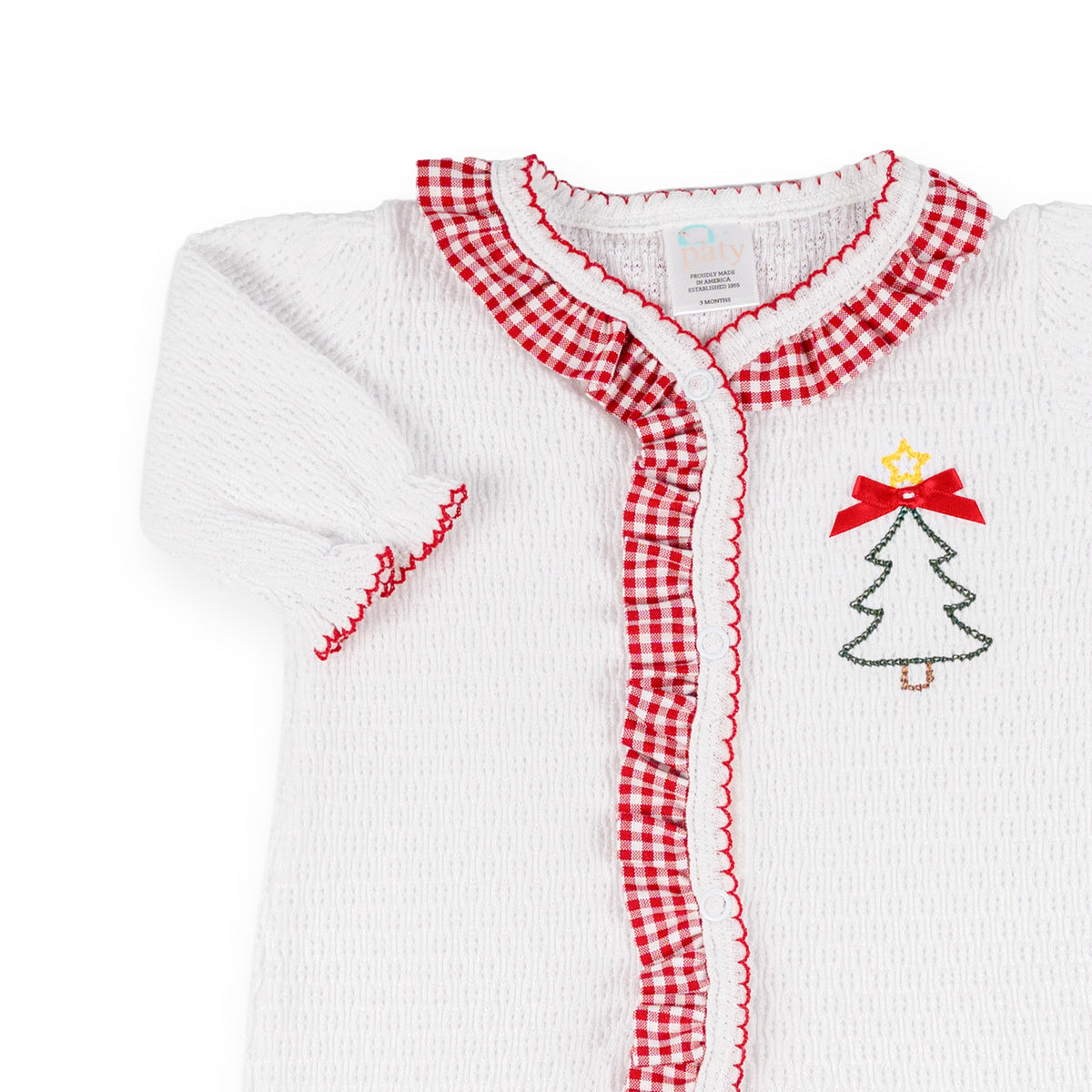 PatyKnit™ Footie with Gingham Ruffle and Christmas Tree Embroidery