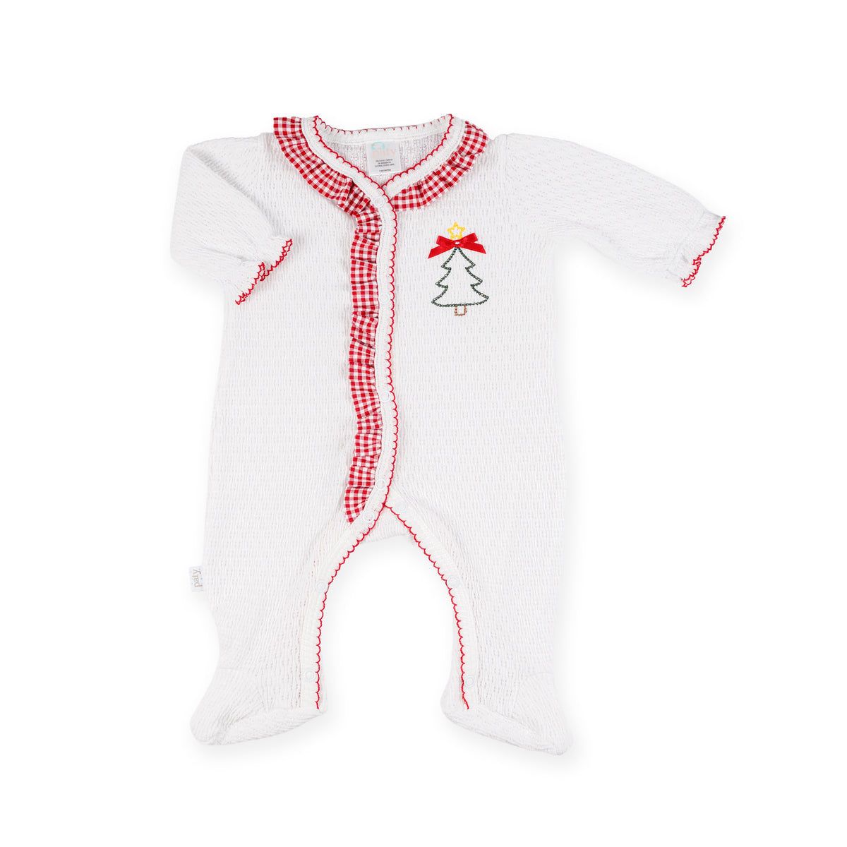 PatyKnit™ Footie with Gingham Ruffle and Christmas Tree Embroidery
