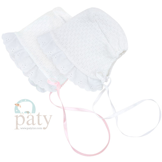 Paty Knit White Bonnet with Eyelet