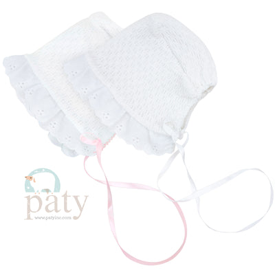 Paty Knit White Bonnet w/ Eyelet Trim and Ribbon Tie