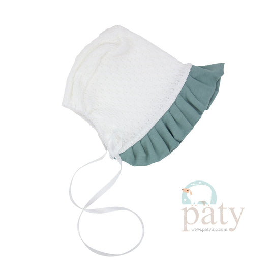 White Knit Bonnet with Sage Trim Color