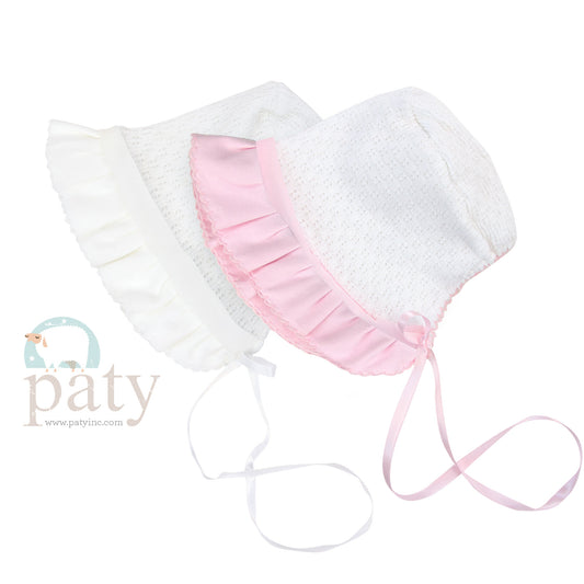 White Paty Knit Bonnet w/ Cotton & Chiffon Trim