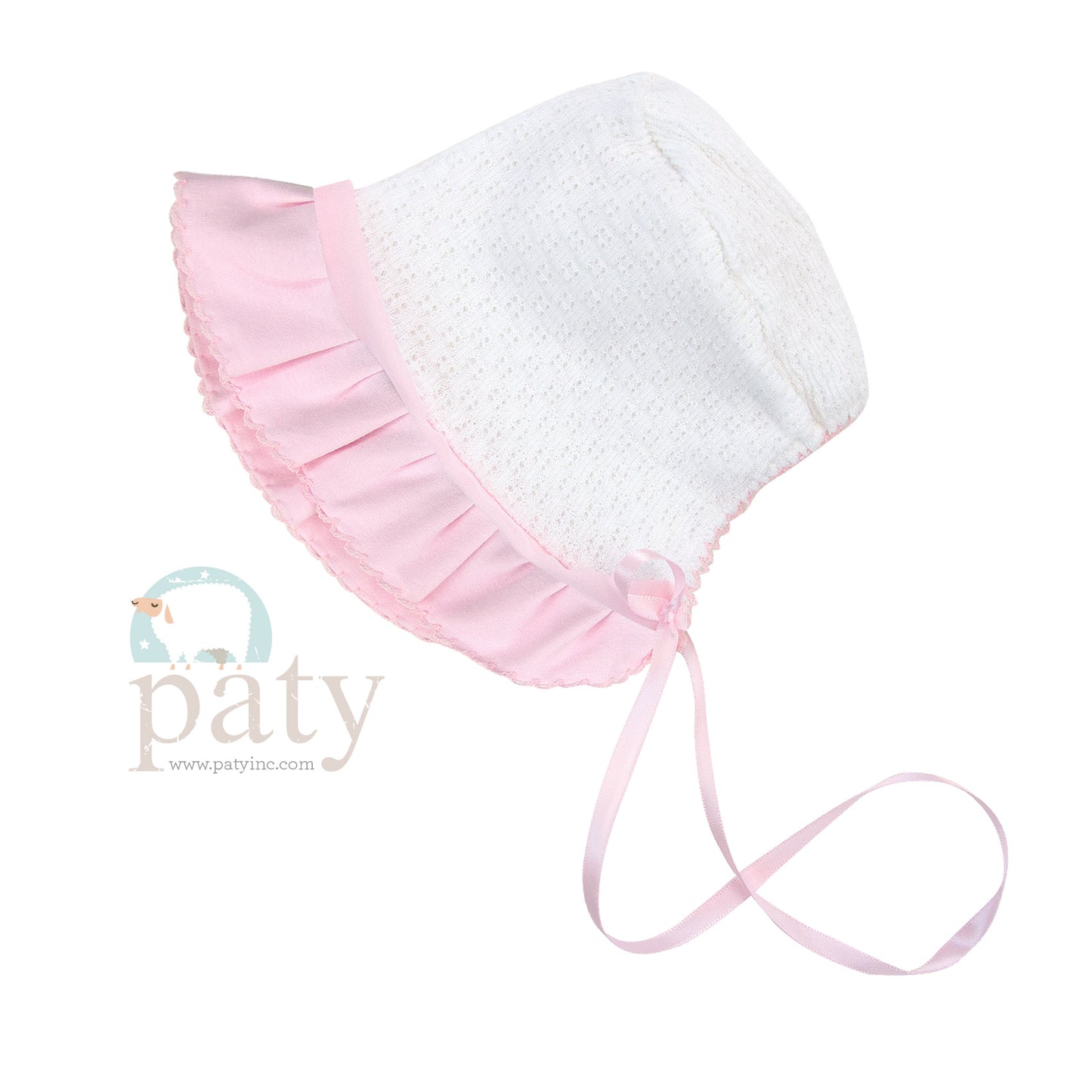 White Paty Knit Bonnet w/ Pink Cotton & Chiffon Trim
