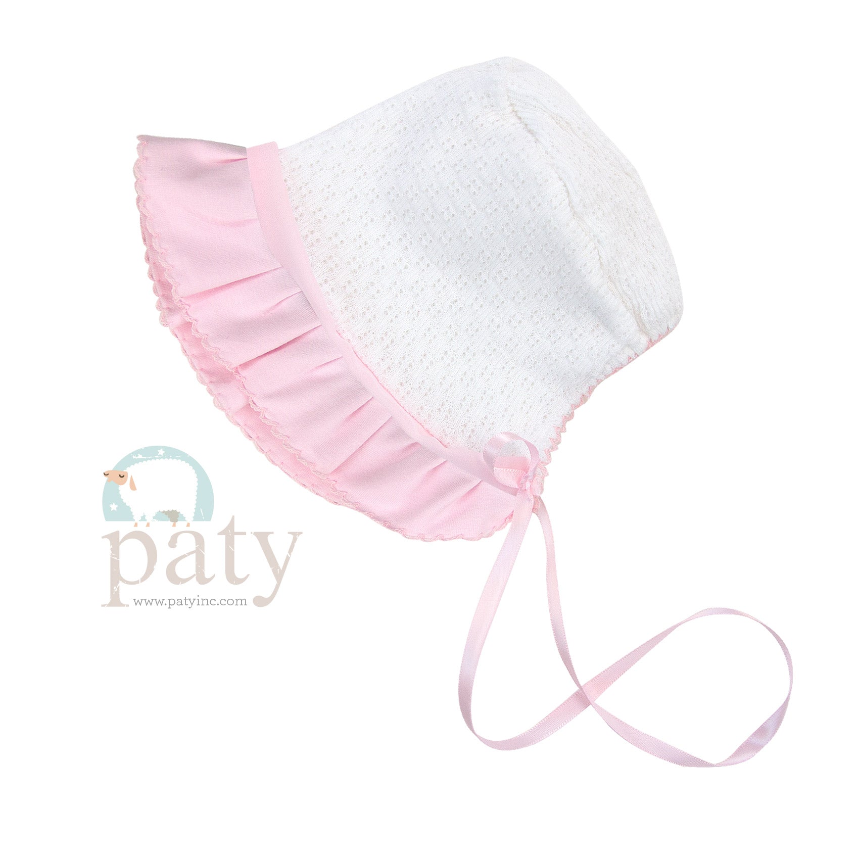 White Paty Knit Bonnet w/ Pink Cotton & Chiffon Trim