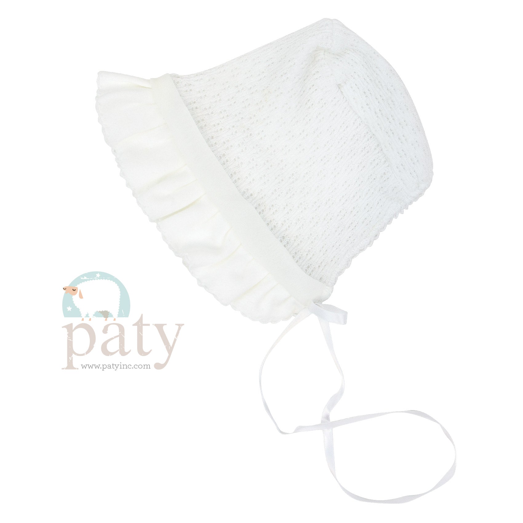 White Paty Knit Bonnet w/ White Cotton & Chiffon Trim