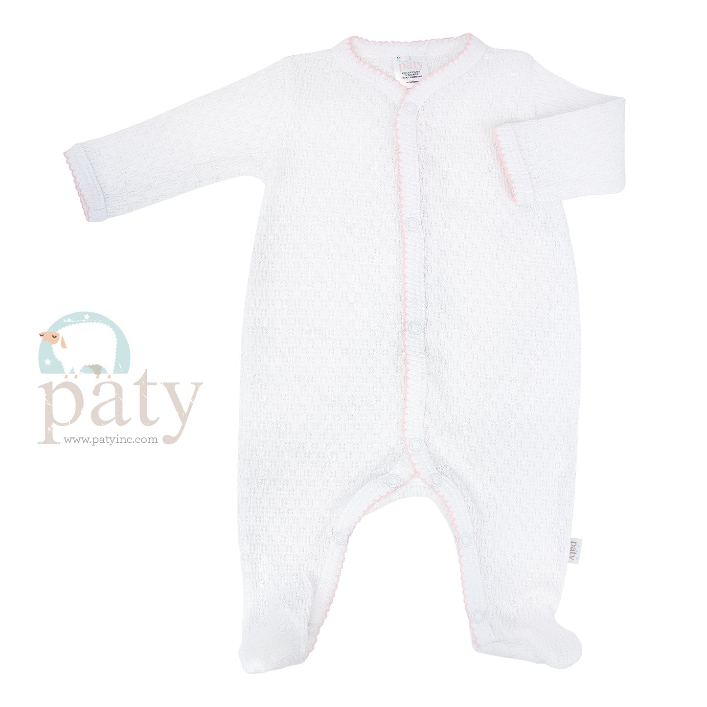Paty White LS Knit Footie with Pink Trim