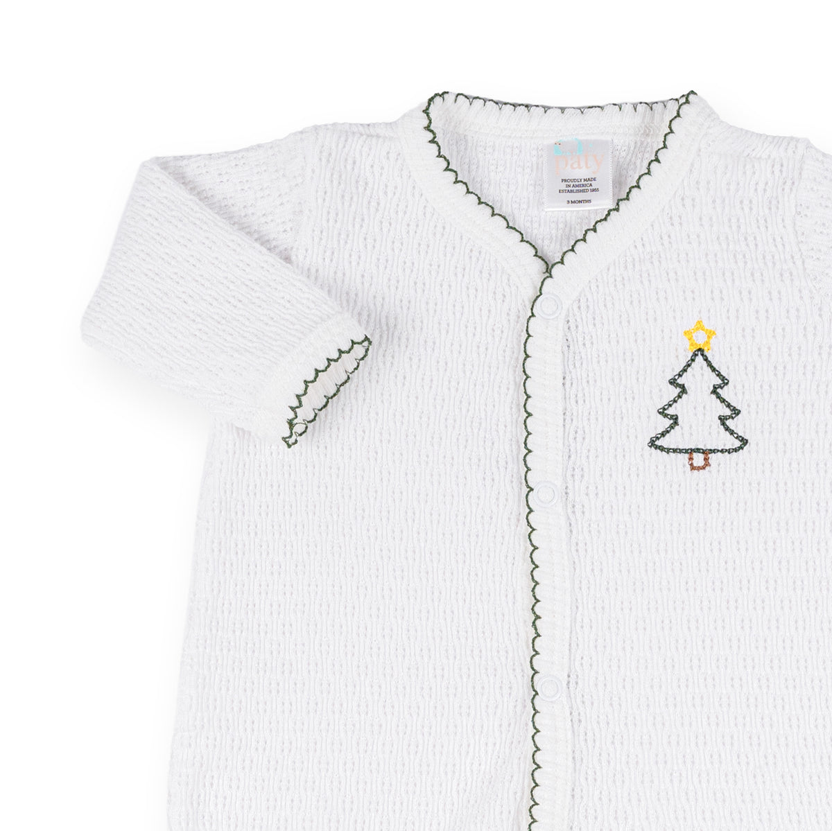 PatyKnit™ Footie with Christmas Tree Embroidery