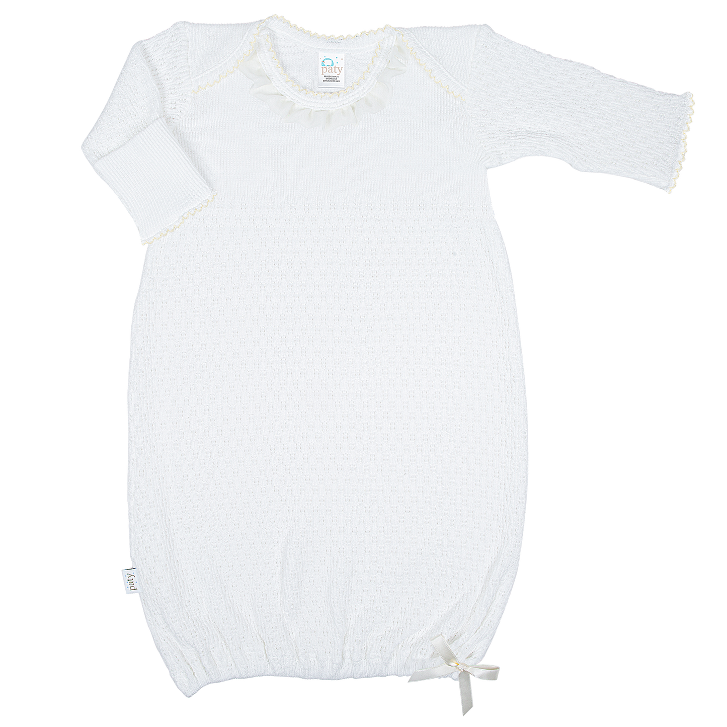 White Paty Knit LS Lap Shoulder Gown w/ Chiffon Trim