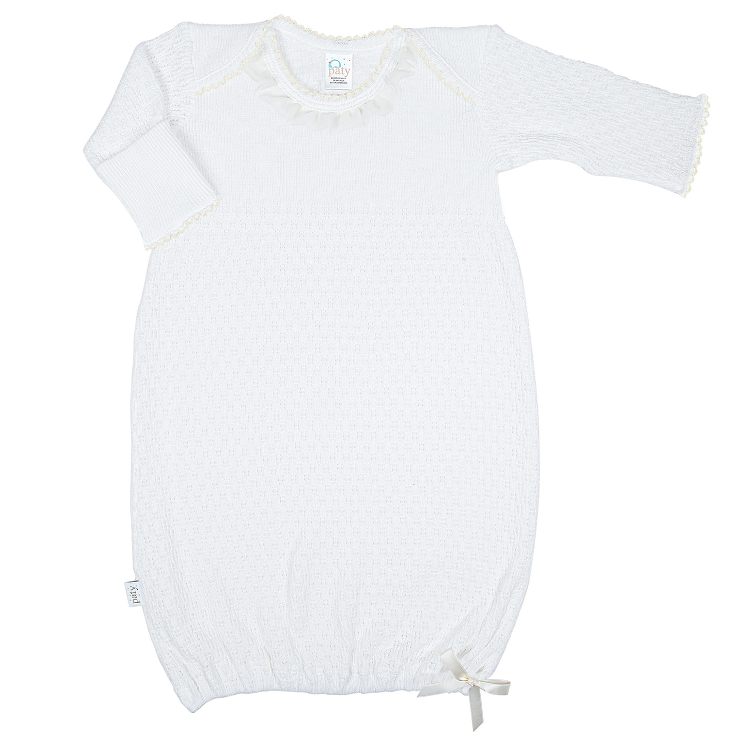 White Paty Knit LS Lap Shoulder Gown w/ Chiffon Trim
