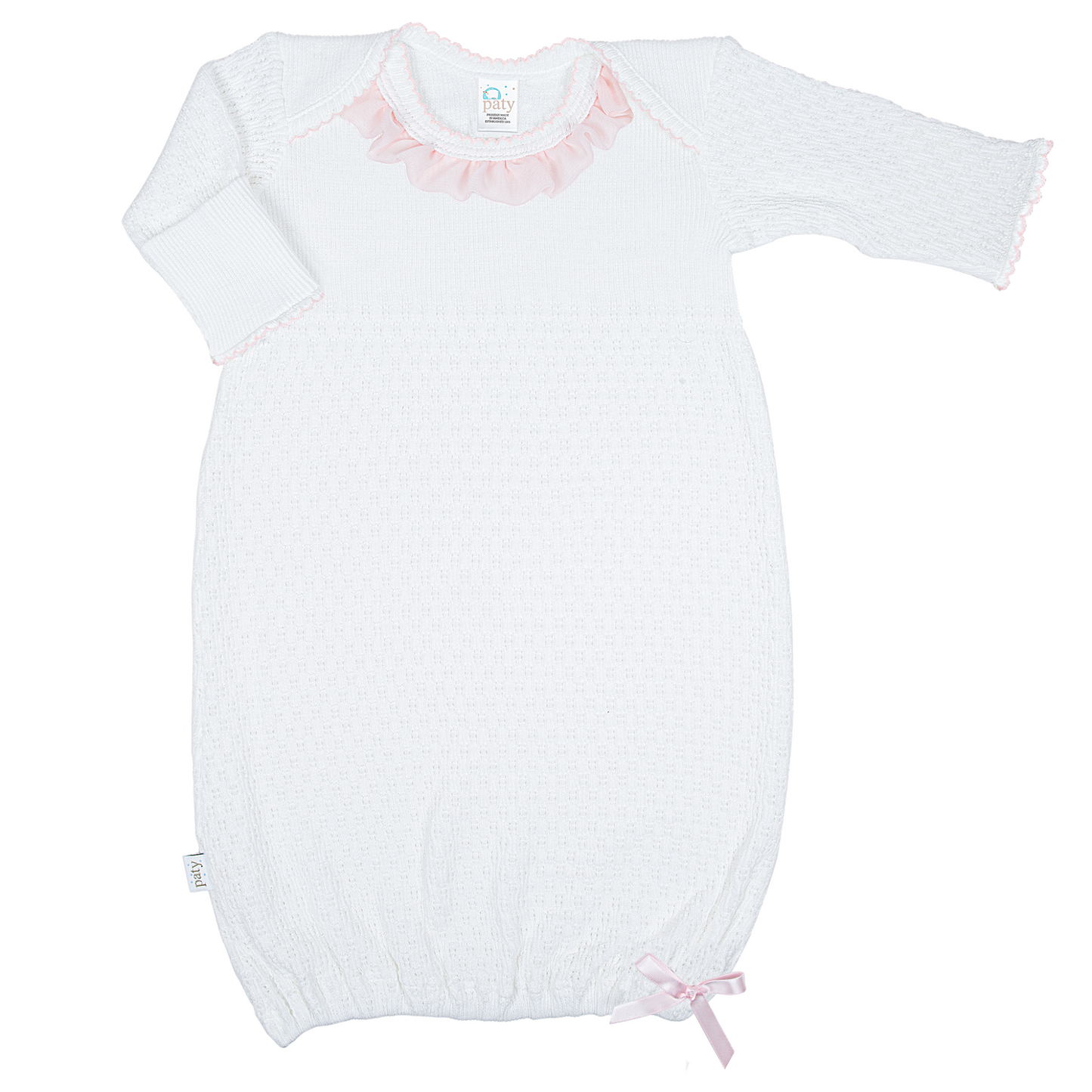 White Paty Knit LS Lap Shoulder Gown w/ Chiffon Trim