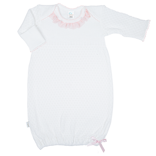 White Paty Knit LS Lap Shoulder Gown w/ Chiffon Trim