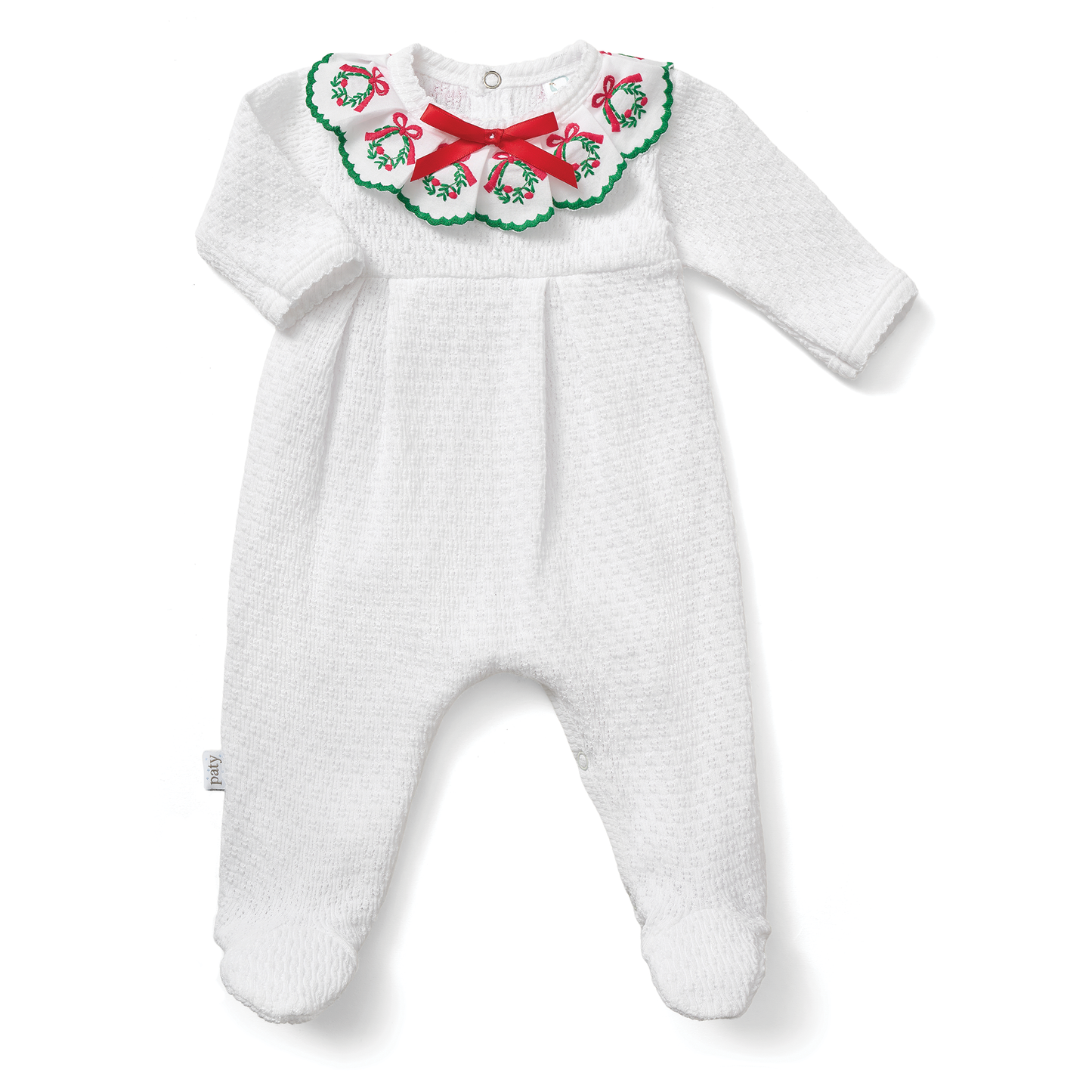 Paty Knit Christmas Footie with Wreath Trim