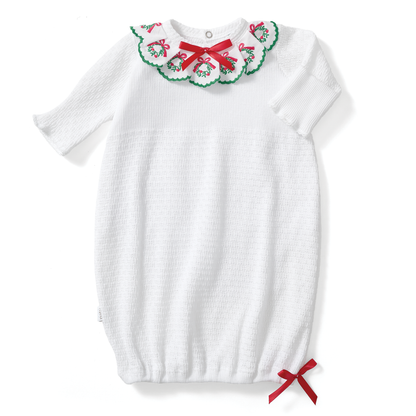 Paty Knit Baby Christmas Gown with Swiss Embroidered Wreath Trim