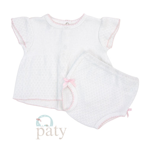Paty Knit Flutter Sleeve Pink Diaper Set with Bows