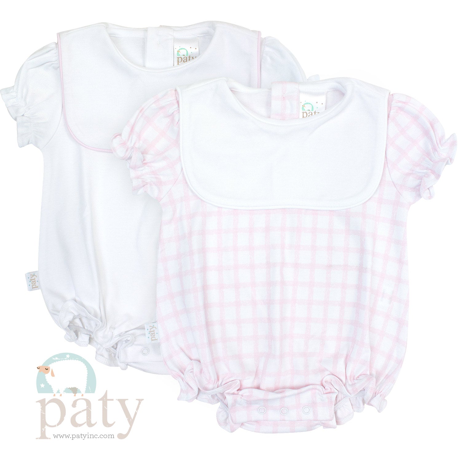 Pima Pink Gingham Bubble with Bib or White Bubble with Pink Piping Bib