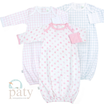 Pima Overlap Shoulder Gowns in Pink Gingham, Blue Gingham, Pink Dots and White with Trim Color Options