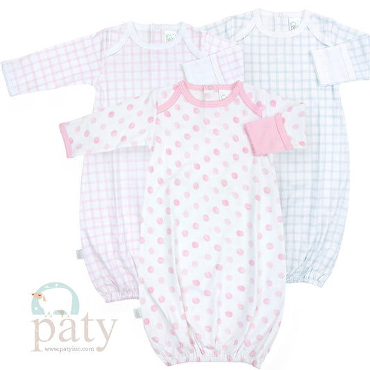 Pima Overlap Shoulder Gowns in Pink Gingham, Blue Gingham, Pink Dots and White with Trim Color Options