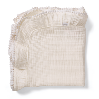 Paty Organic Cotton Muslin Gauze Blanket with Pom Trim