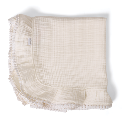 Paty Organic Cotton Muslin Gauze Blanket with Pom Trim