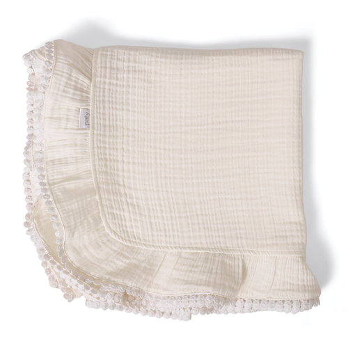 Paty Organic Cotton Muslin Gauze Blanket with Pom Trim