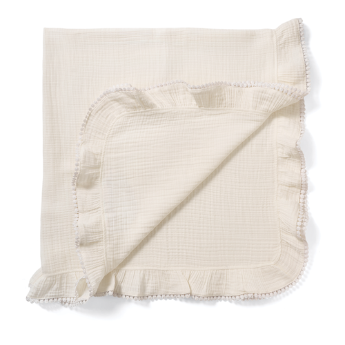 Paty Organic Cotton Muslin Gauze Blanket with Pom Trim