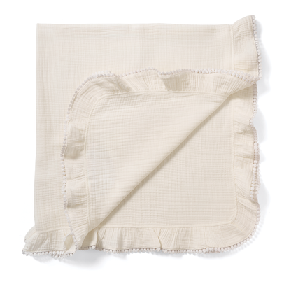Paty Organic Cotton Muslin Gauze Blanket with Pom Trim