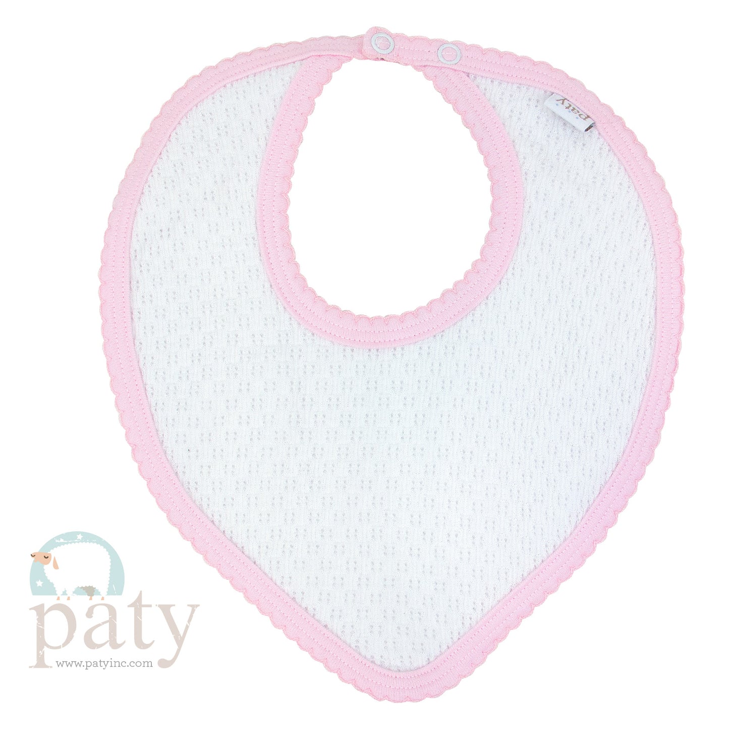 White Bandana Bib with Pink Pima Trim, adjustable Snap