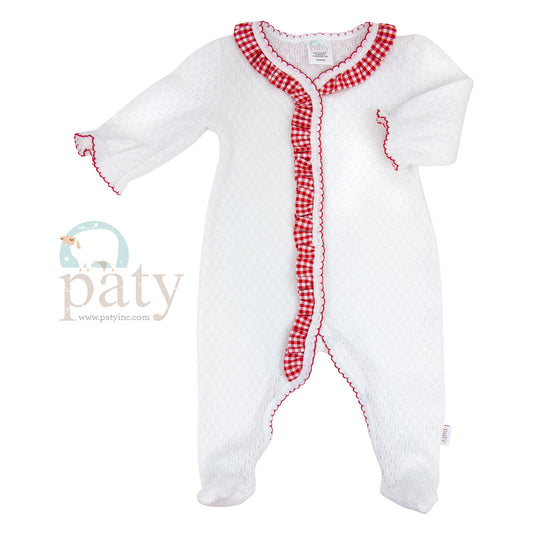Footie with Red Gingham Ruffle & Puff Sleeve