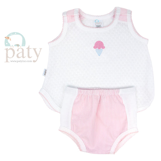 Paty Knit 2 Piece Sleeveless Diaper Set, White with Bow