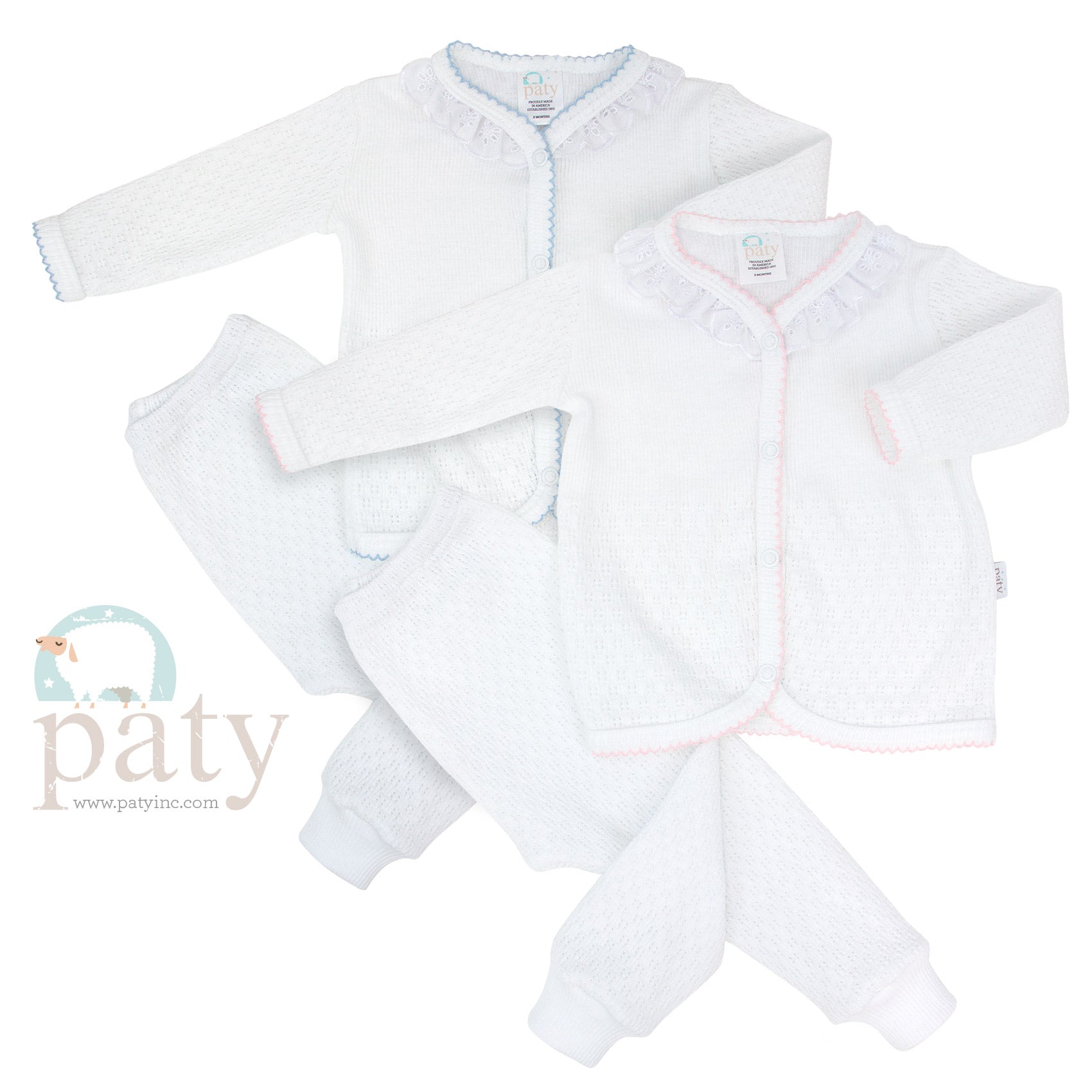 Paty Knit Signature White 2 PC Set with Eyelet Trim and Long Pants