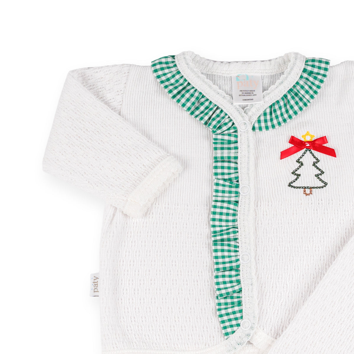 PatyKnit™ Two-Piece Legging Set with Gingham Ruffle and Christmas Tree Embroidery