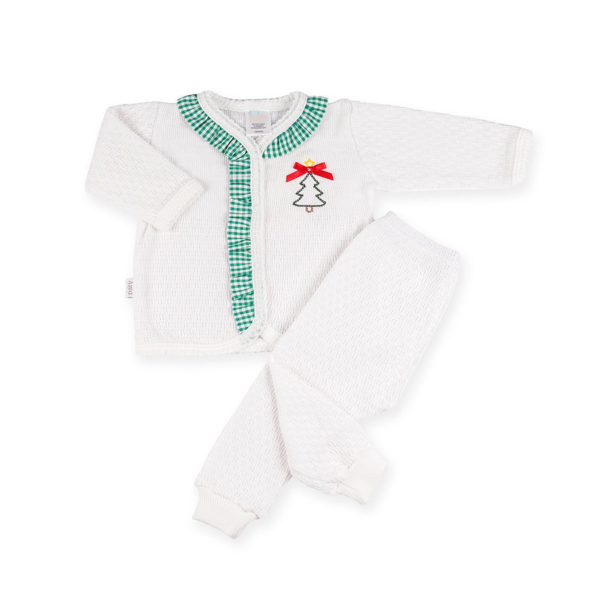 PatyKnit™ Two-Piece Legging Set with Gingham Ruffle and Christmas Tree Embroidery