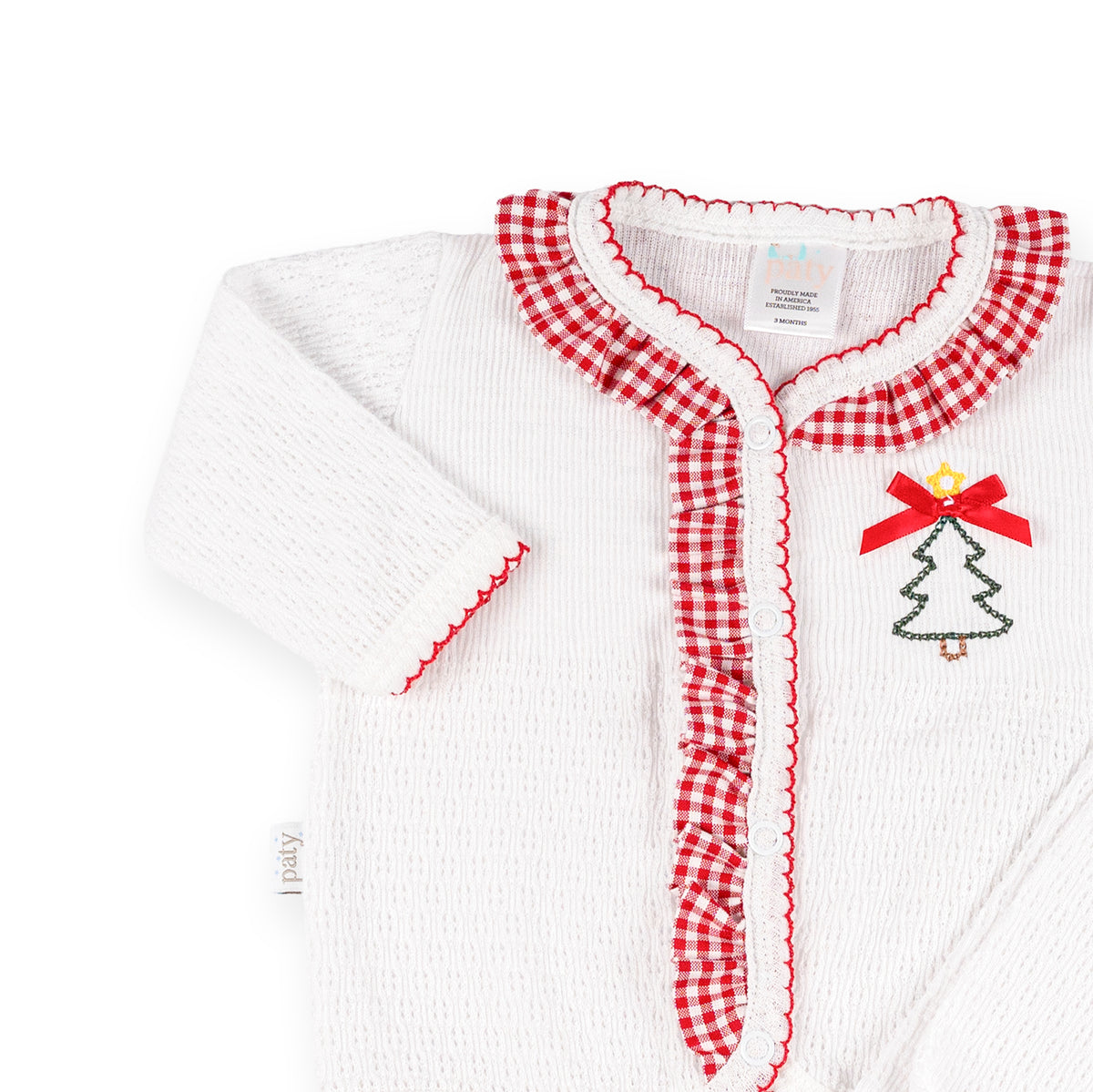 PatyKnit™ Two-Piece Legging Set with Gingham Ruffle and Christmas Tree Embroidery