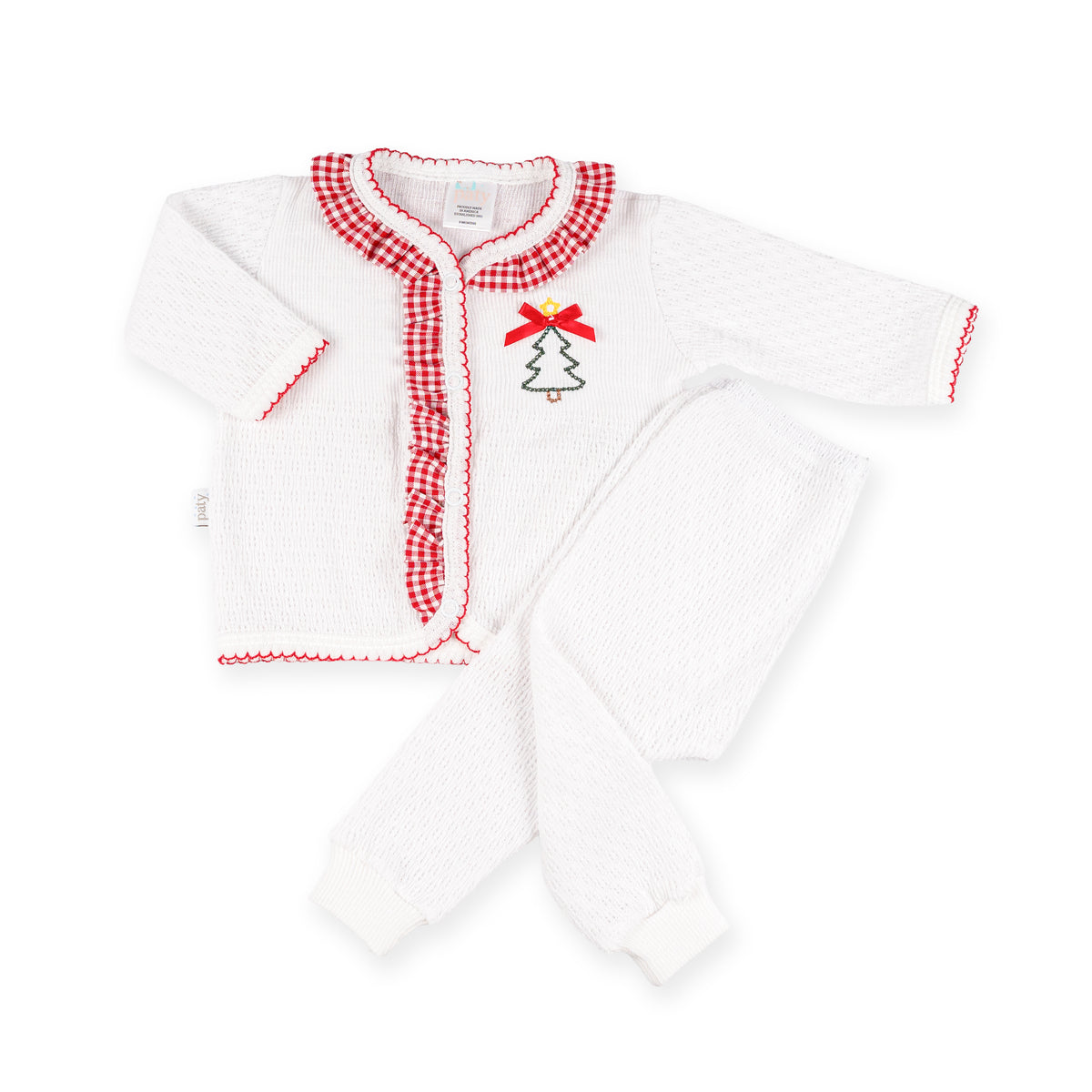 PatyKnit™ Two-Piece Legging Set with Gingham Ruffle and Christmas Tree Embroidery