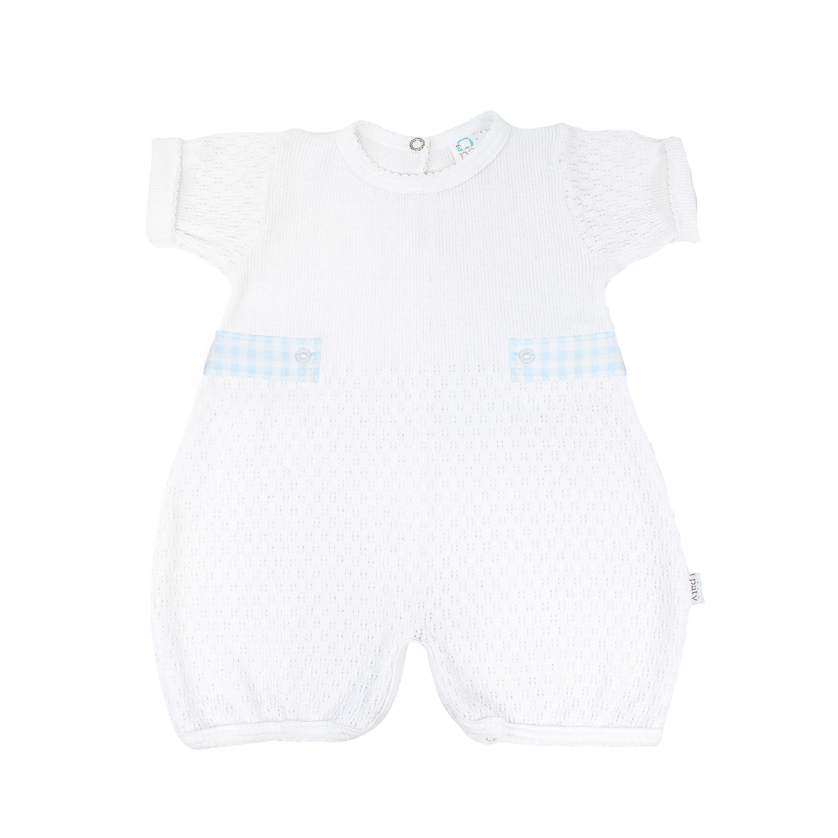 White baby Bubble with blue Ghingham Tabs on side on a white background