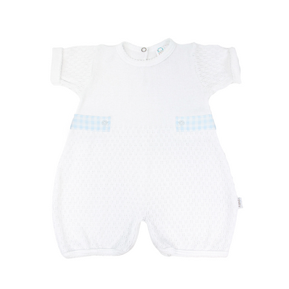 White baby Bubble with blue Ghingham Tabs on side on a white background