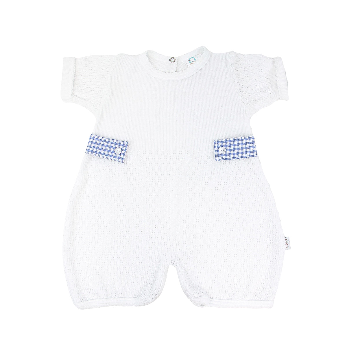 White baby Bubble with Cerulean Ghingham Tabs on side on a white background