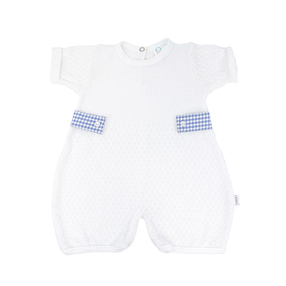 White baby Bubble with Cerulean Ghingham Tabs on side on a white background