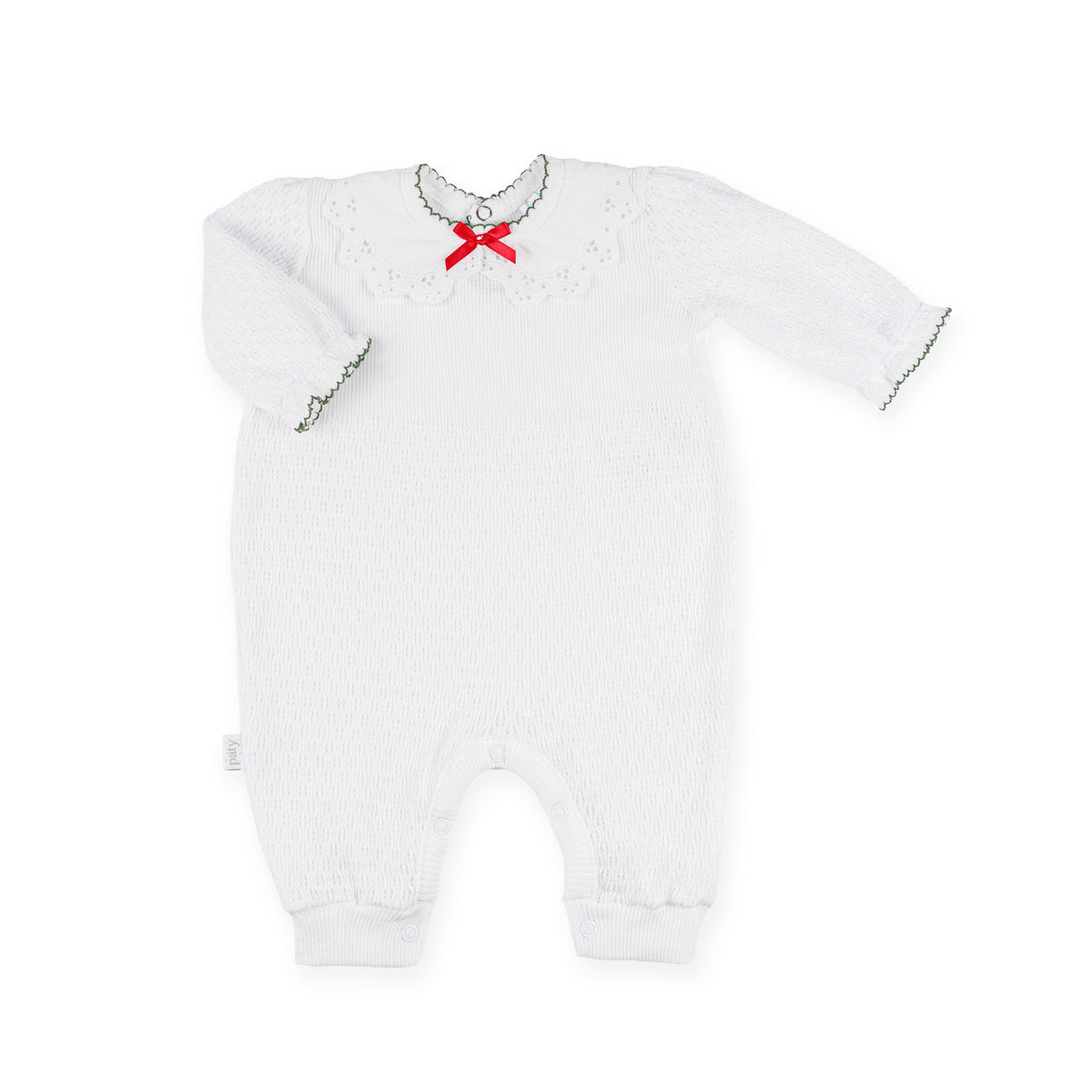 PatyKnit™ Long Sleeve Romper with Pique Lace Collar