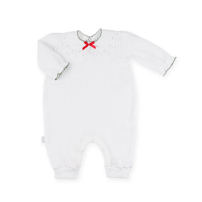 PatyKnit™ Long Sleeve Romper with Pique Lace Collar