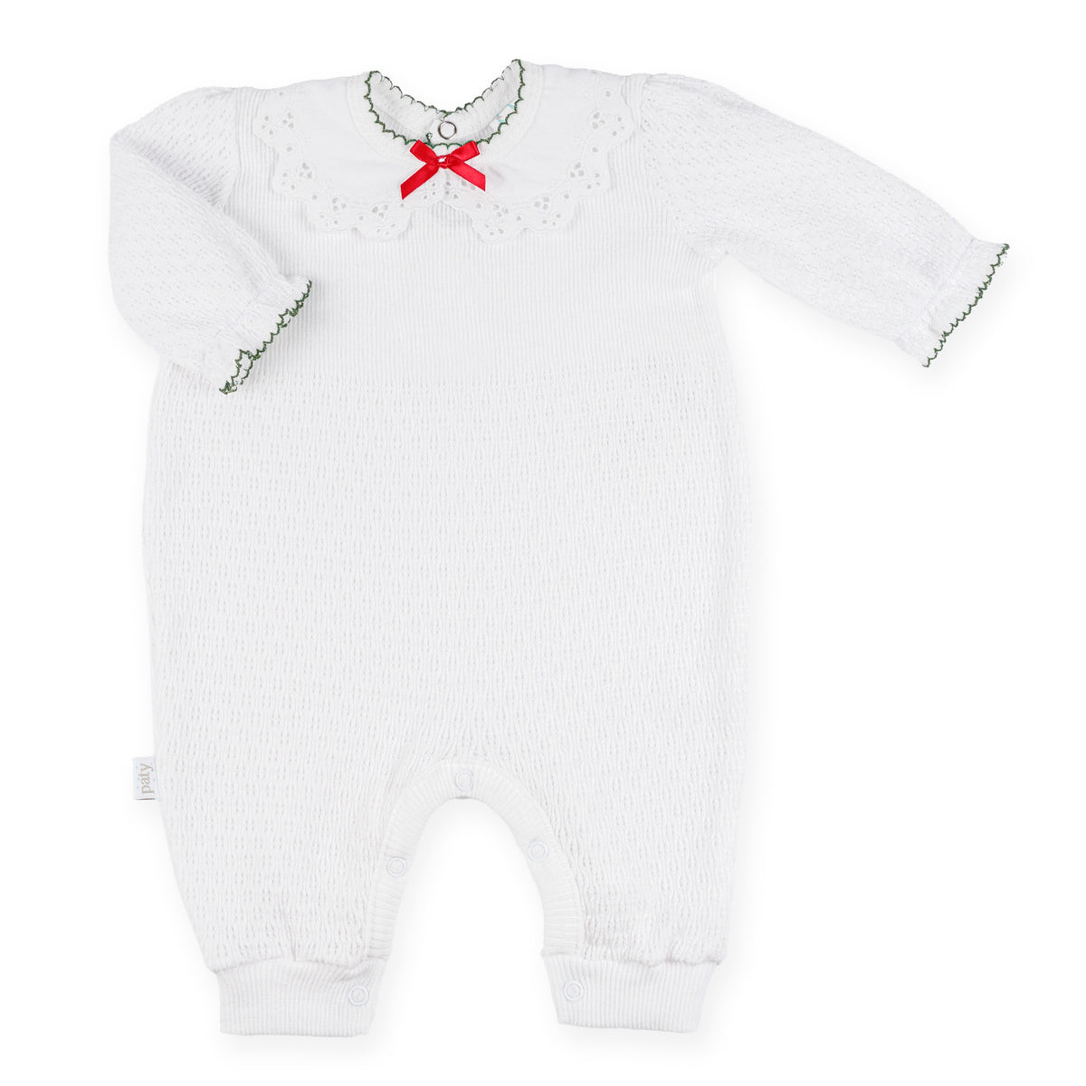 PatyKnit™ Long Sleeve Romper with Pique Lace Collar