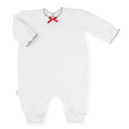 PatyKnit™ Long Sleeve Romper with Pique Lace Collar