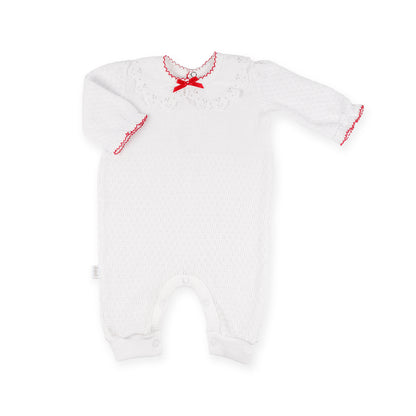 PatyKnit™ Long Sleeve Romper with Pique Lace Collar