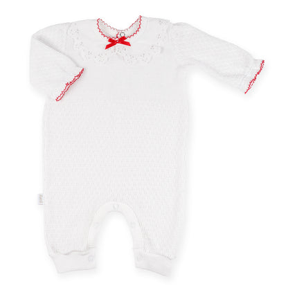 PatyKnit™ Long Sleeve Romper with Pique Lace Collar