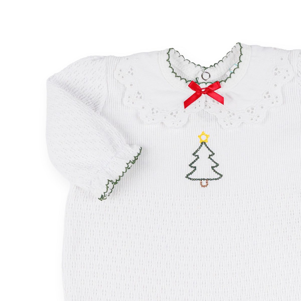 PatyKnit™ Ruffle Sleeve Romper with Collar and Christmas Tree Embroidery