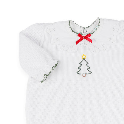 PatyKnit™ Ruffle Sleeve Romper with Collar and Christmas Tree Embroidery